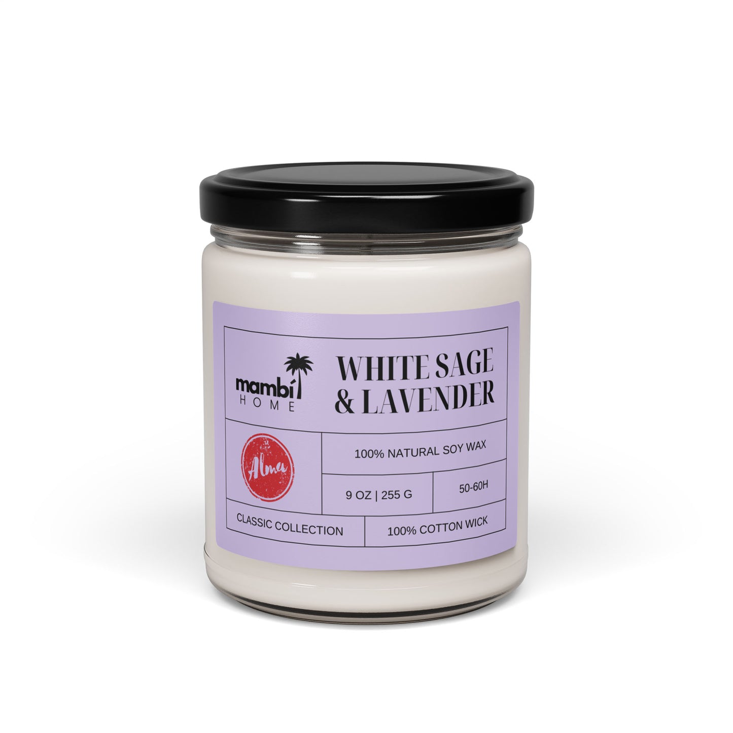 A white scented soy candle in a glass jar with a black lid. The label reads White Sage & Lavender, mambi HOME, and highlights eco-friendly candles made from 100% natural soy wax, 9 oz, and a 100% cotton wick on a light purple background.