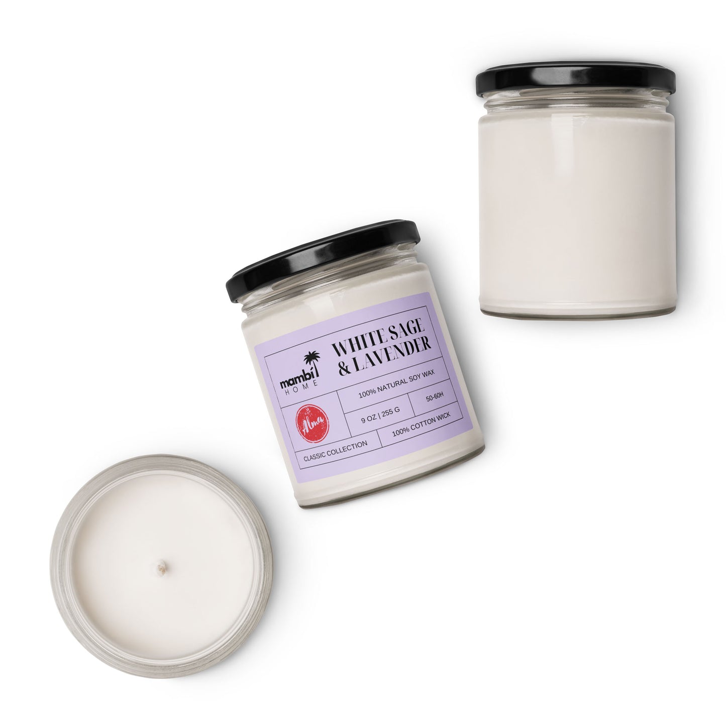 Three glass jars of scented soy candles with black lids; one jar’s label reads White Sage & Lavender. Displayed from top, side, and angled views on a white background, these natural soy wax candles offer a stylish, eco-friendly touch.