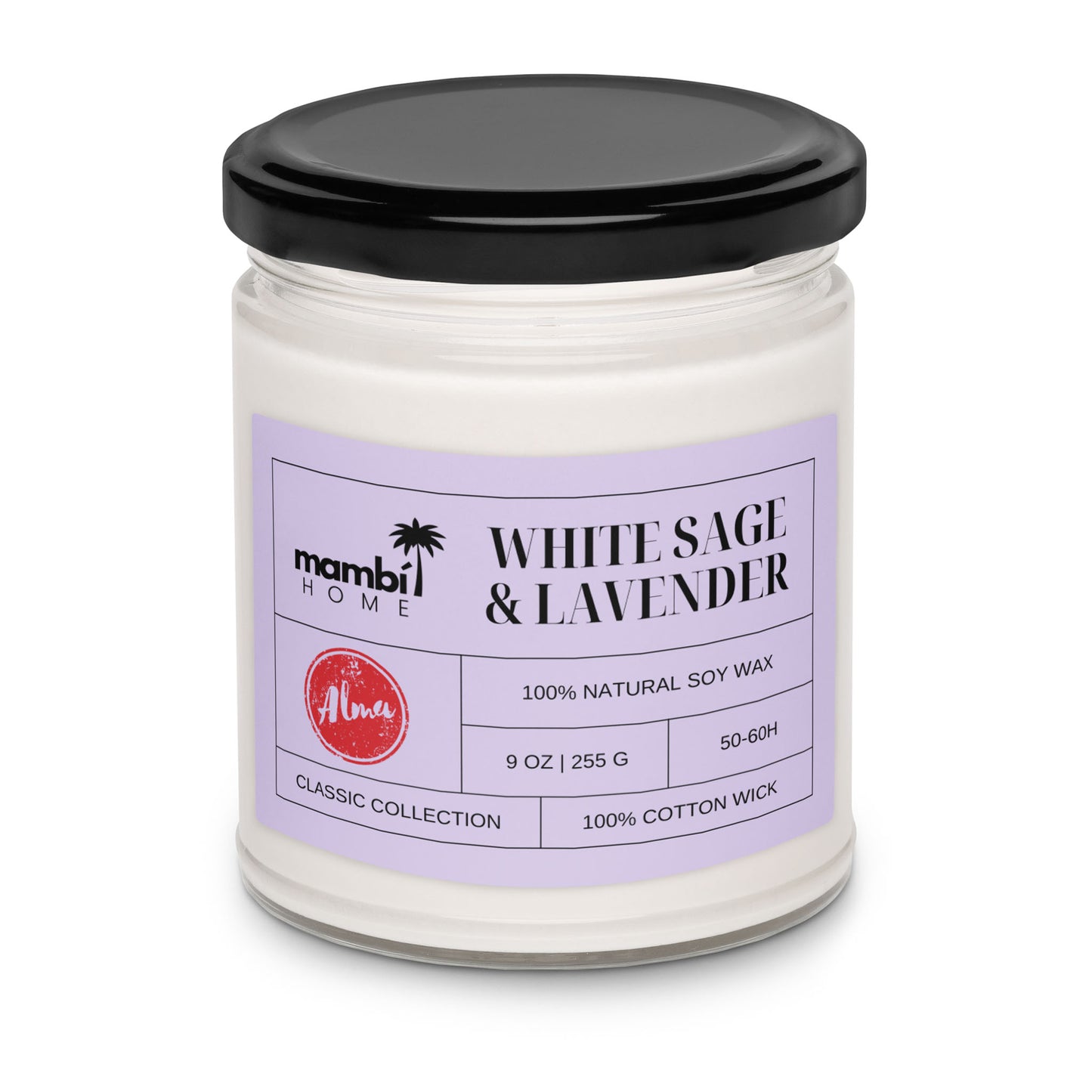 A glass jar candle with a black lid labeled White Sage & Lavender by mambi HOME. This eco-friendly candle features 100% natural soy wax, a lavender label, 9 oz size, 50-60h burn time, and a 100% cotton wick.