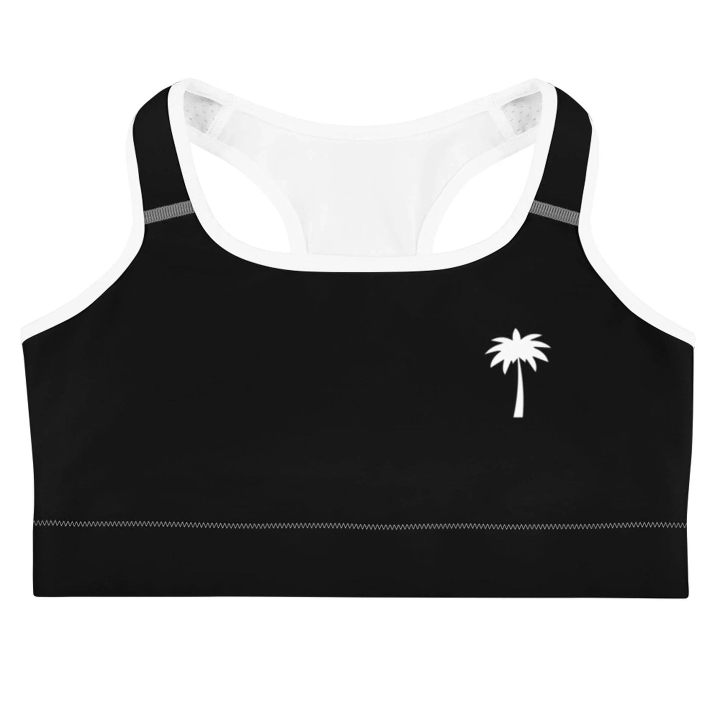 A black Mambí sports bra with a white inner lining and a simple white palm tree graphic on the left chest area.