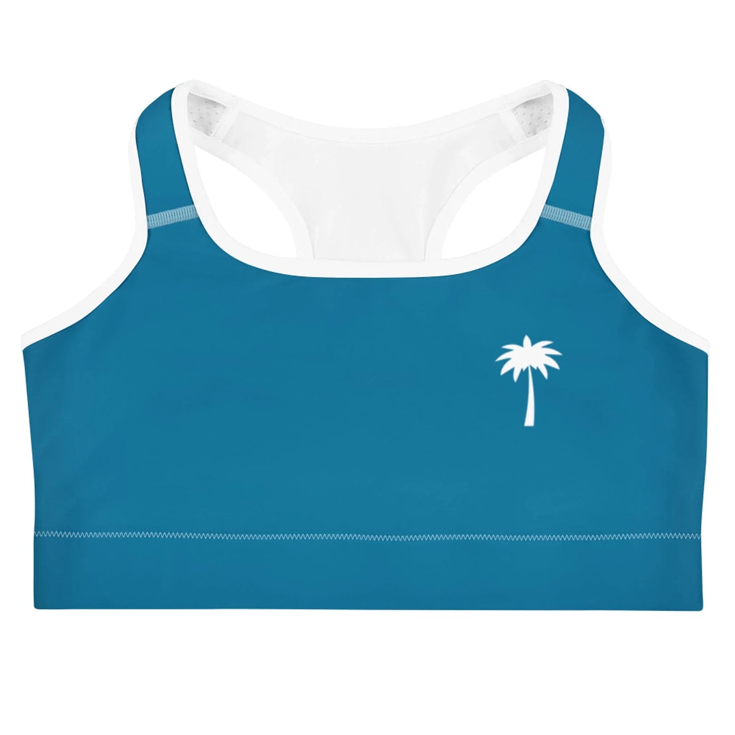 A blue Mambí sports bra with white trim and a small white palm tree graphic on the left chest. The bra features a racerback design.