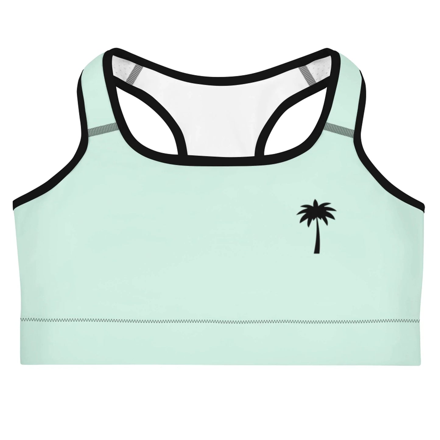 Light green Mambí sports bra with black trim and a small black palm tree graphic on the left chest, displayed on a white background.