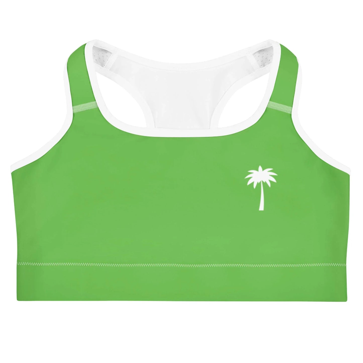 Green sports bra with white trim and a small white palm tree graphic on the left chest, inspired by Mambí style, displayed on a plain white background.
