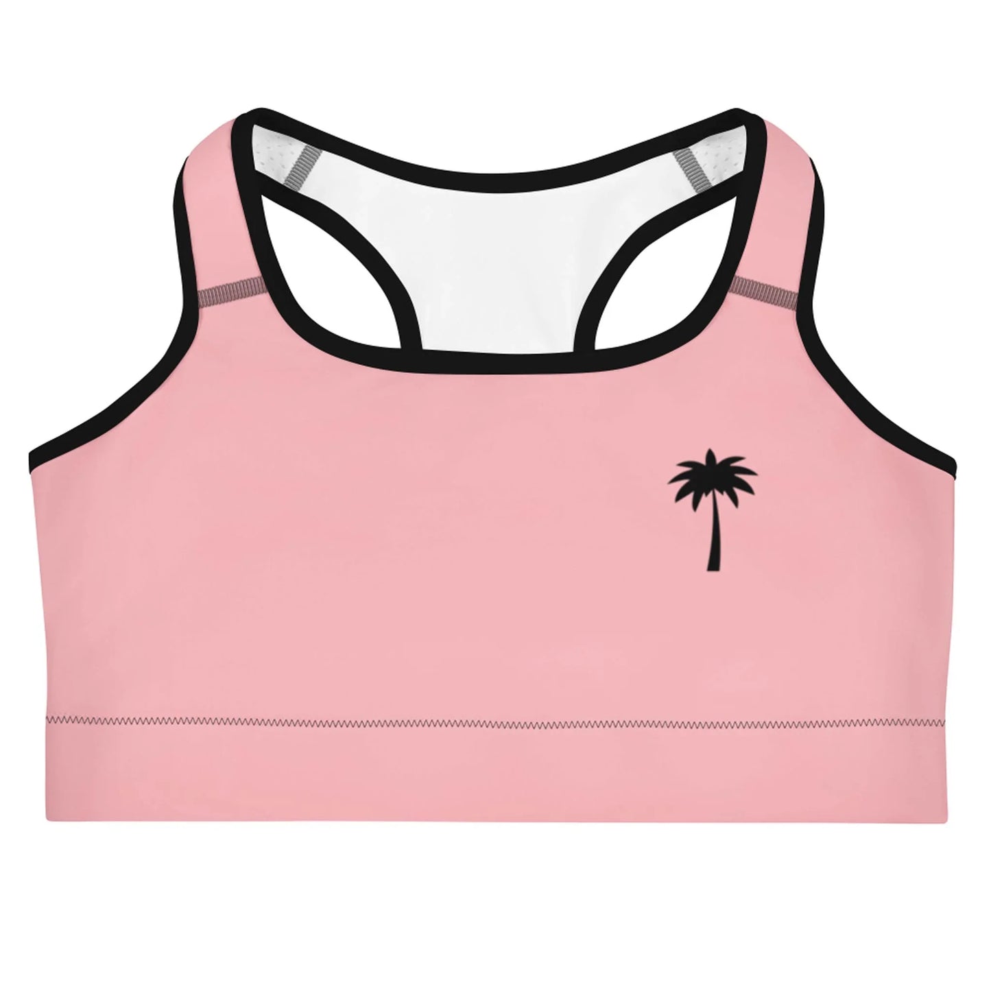 A pink Mambí sports bra with black trim and a small black palm tree graphic on the left side, shown on a white background.