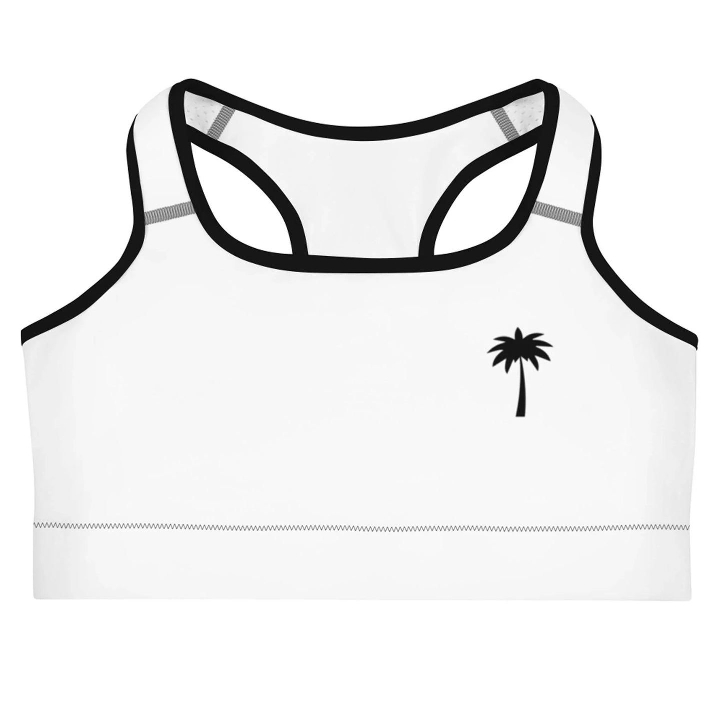 A white Mambí sports bra with black trim and a small black palm tree graphic on the left chest, photographed against a white background.