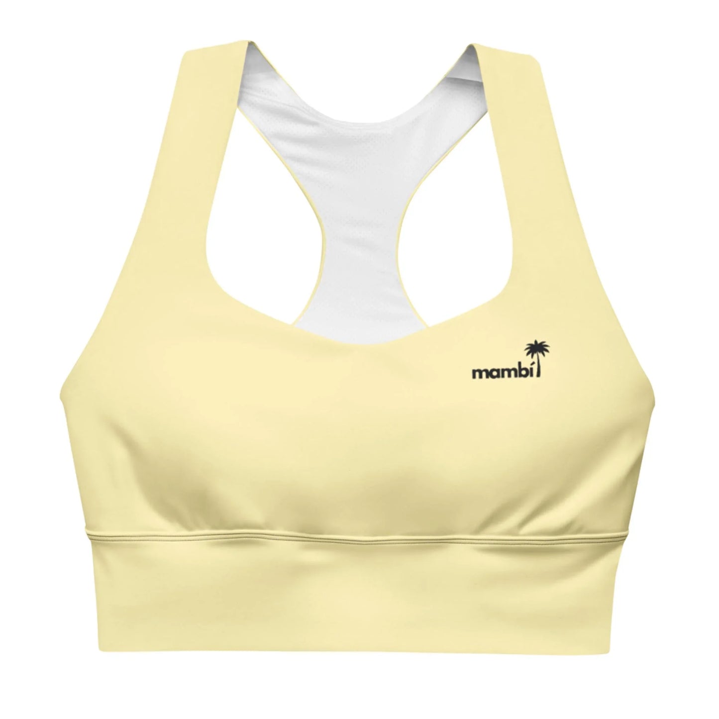 Introducing the Ashley Longline Sports Bra by Printful: a light yellow racerback crafted from recycled polyester, featuring a small black mambi logo and palm tree graphic on the left chest, white interior lining; ideal for high-impact workouts.