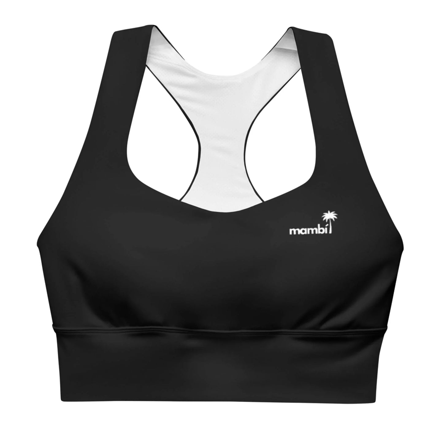 The Ashley Longline Sports Bra by Printful features a black racerback design, white interior lining, and a small white mambi logo with palm tree on the chest. Made from recycled polyester, its ideal for high-impact workouts.
