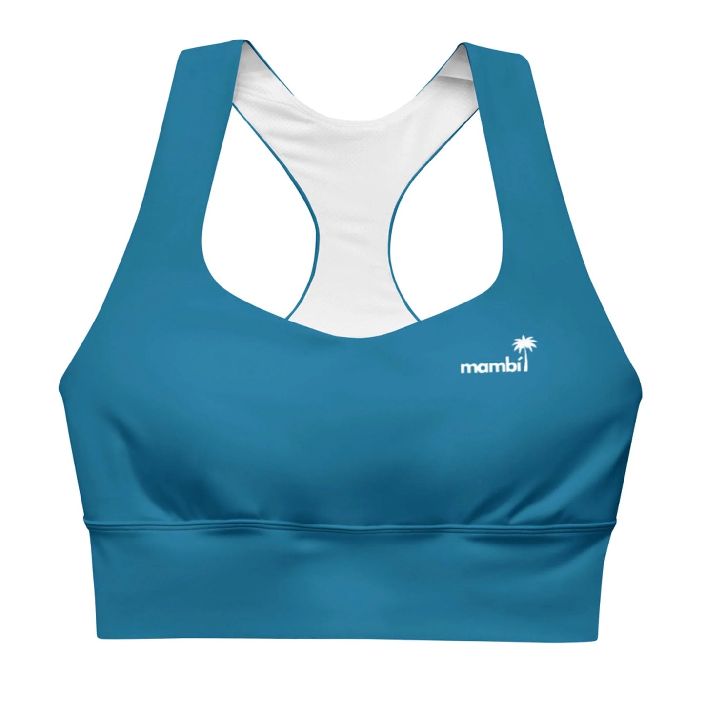 The Ashley Longline Sports Bra by Printful is a teal racerback, ideal for high-impact workouts. It features a small white palm tree and mambi on the left chest, made from recycled polyester and shown on a white background.