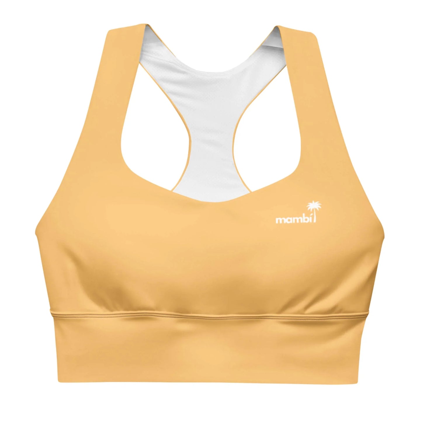 The Ashley Longline Sports Bra by Printful is yellow with a racerback, small white mambi palm tree logo on the left chest, and white lining. Made from recycled polyester, its ideal for high-impact activities.