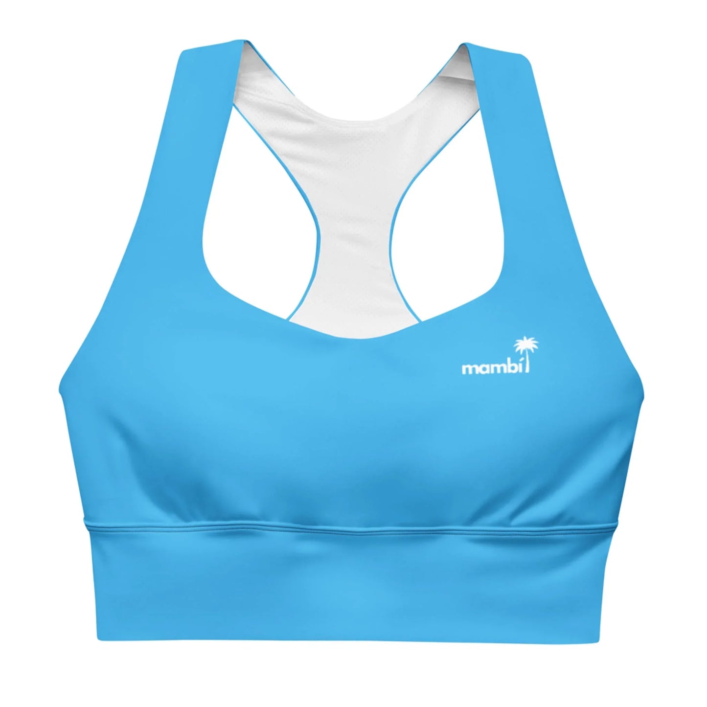 The Ashley Longline Sports Bra by Printful is a bright blue racerback with white inner lining, ideal for high-impact activities. A small white palm tree logo and mambi are printed on the left front.