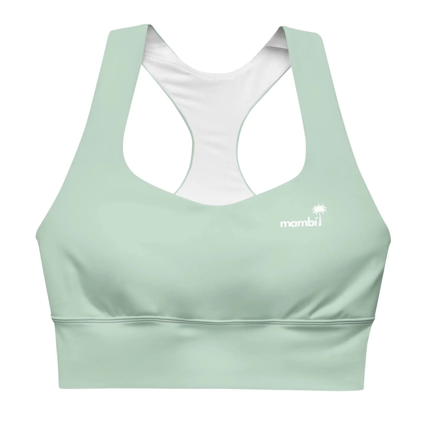 The Ashley Longline Sports Bra by Printful is a light green racerback bra for high-impact activities. Made from recycled polyester with a white inside lining, it features a white palm tree logo and mambi on the left chest.