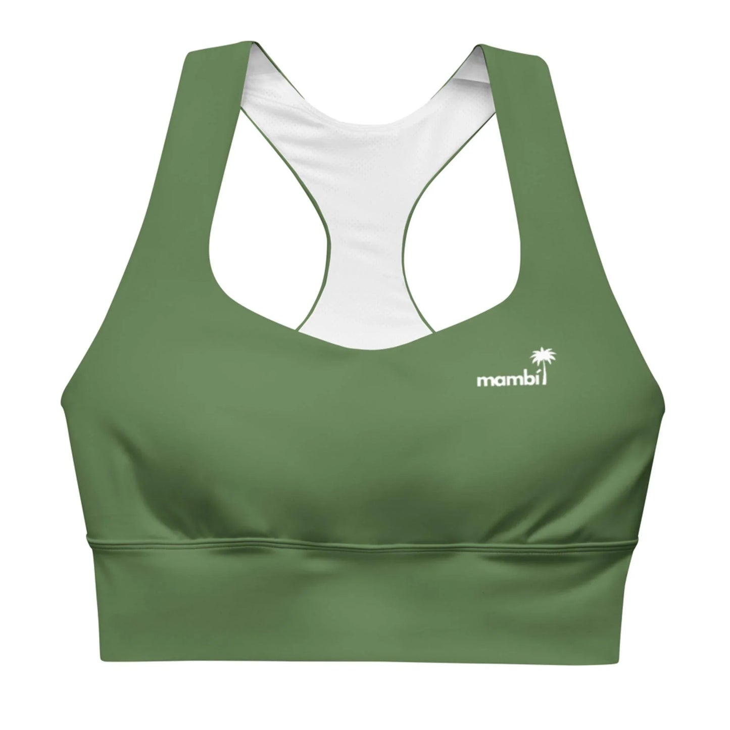 The Ashley Longline Sports Bra by Printful features olive green fabric, wide straps, and a racerback for high-impact support. A small white palm tree logo with mambi decorates the left chest.