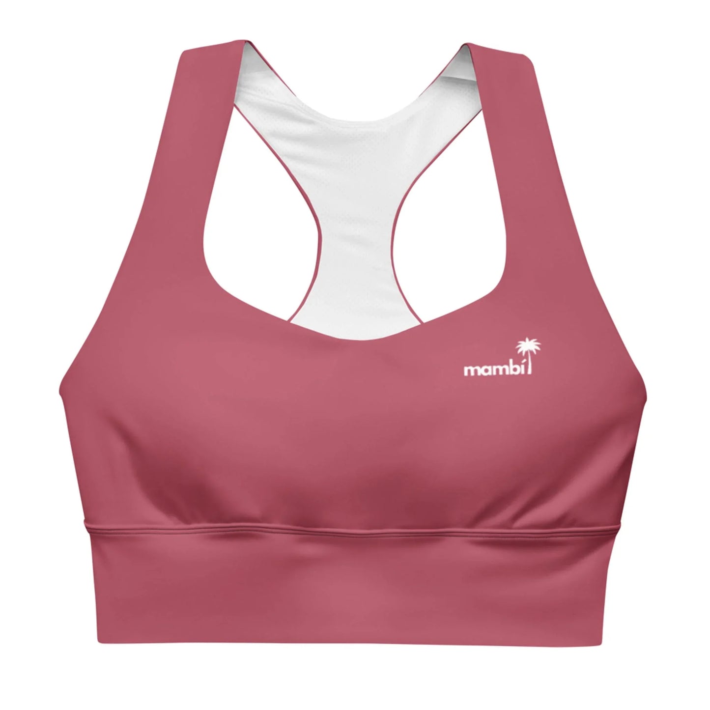 The Ashley Longline Sports Bra by Printful features a mauve racerback design, crafted from recycled polyester with a white palm tree logo and mambi on the front. It offers high-impact support and comfort with a white inner lining.