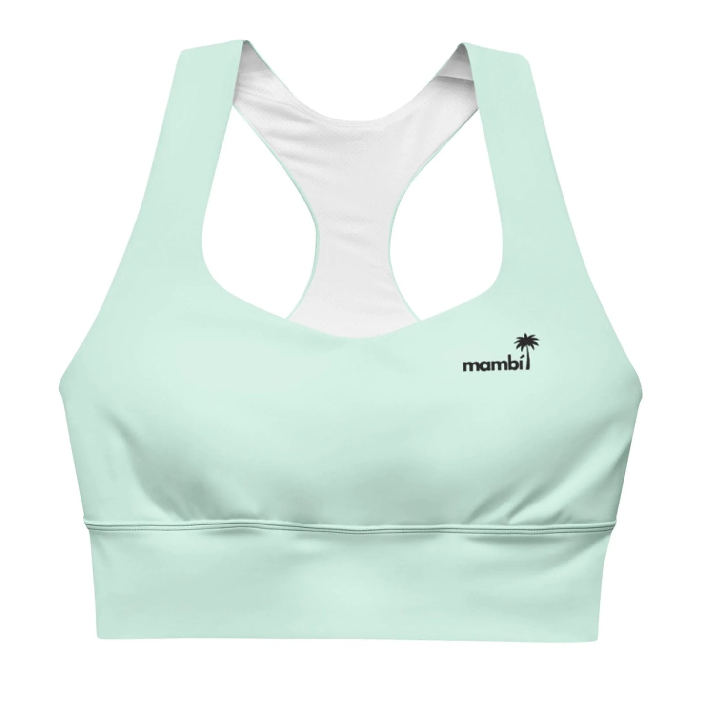 The Ashley Longline Sports Bra by Printful is a light mint-green racerback bra made from recycled polyester, designed for high-impact comfort. Features a small black mambi logo and palm tree on the left chest.