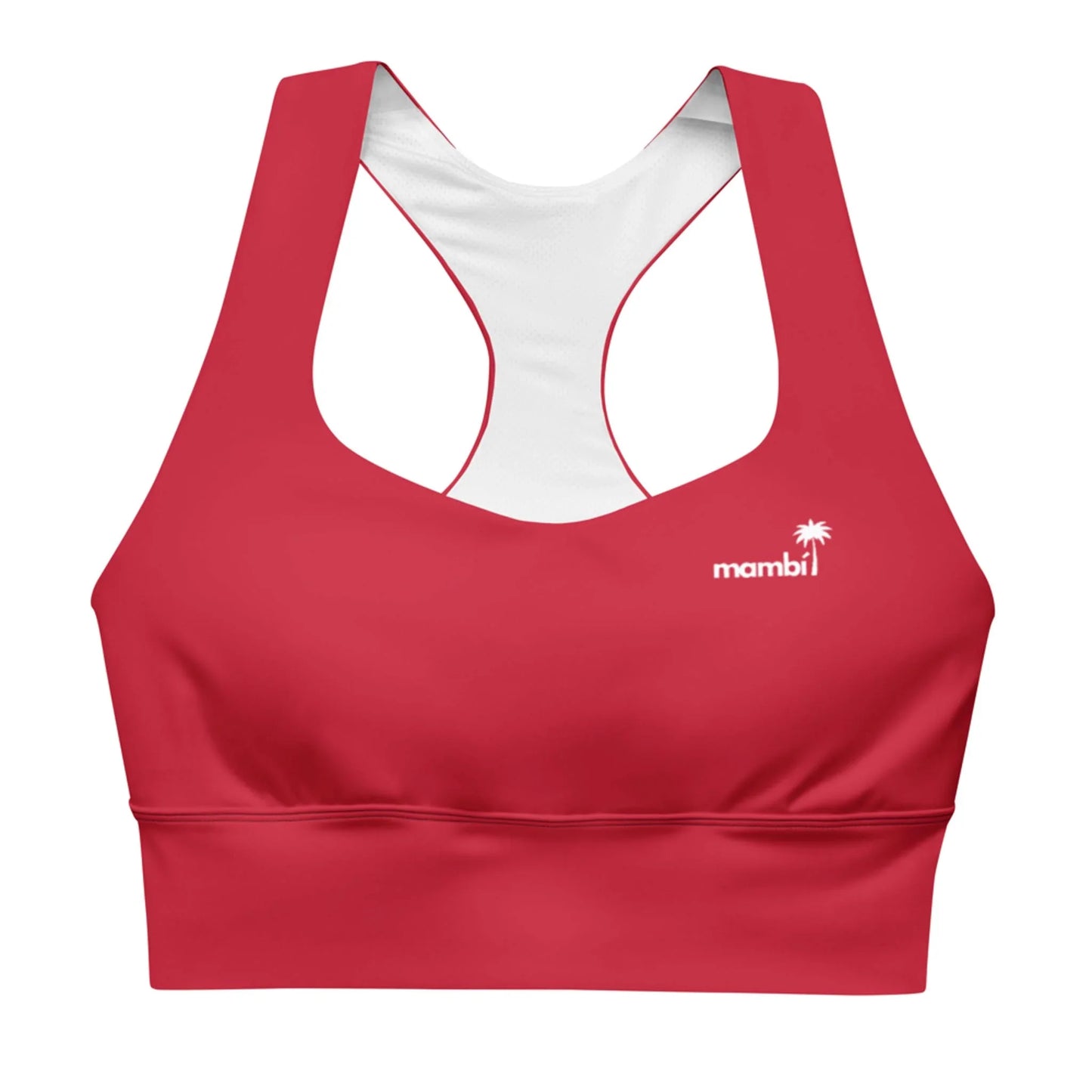 The Ashley Longline Sports Bra by Printful features a red racerback design, white inner lining, and a small white palm tree logo with mambi on the front. Made from recycled polyester for high-impact activities.
