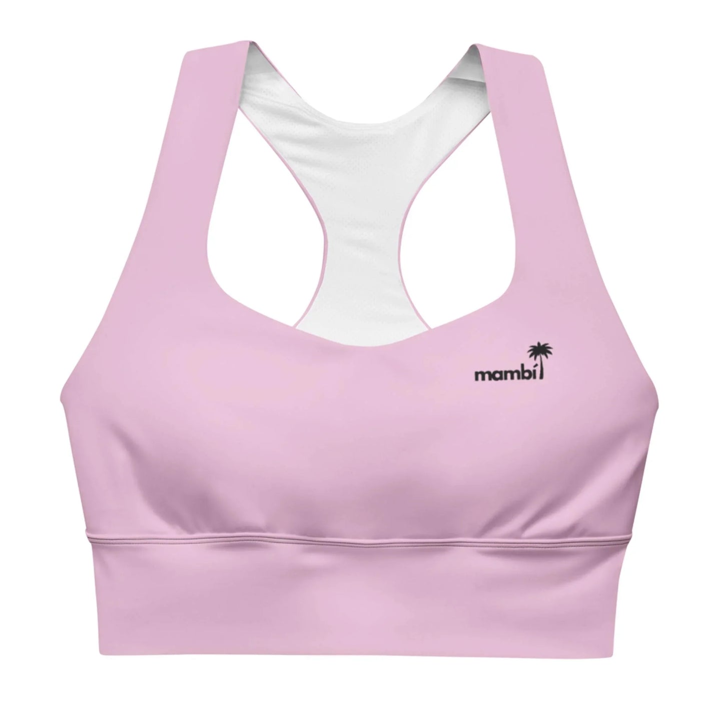 The Ashley Longline Sports Bra by Printful features a light pink racerback design, black mambi logo and palm tree on the left chest, white inner lining, and is made from recycled polyester—ideal for high-impact activities.