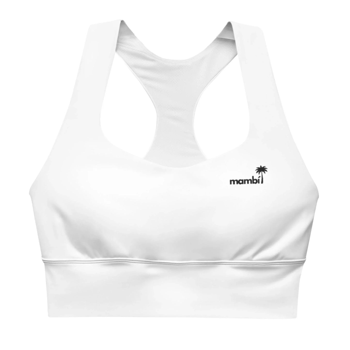 The Ashley Longline Sports Bra by Printful is a white racerback bra with a small black palm tree and the brand name on the front left side—perfect for high-impact workouts.