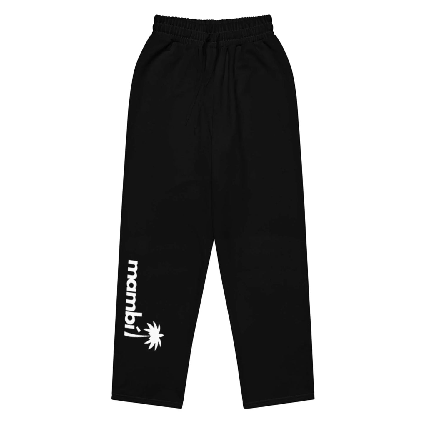 Black sweatpants with an elastic waistband and drawstring, featuring the word Mambí in white lowercase letters and a palm tree graphic on the left leg near the ankle.
