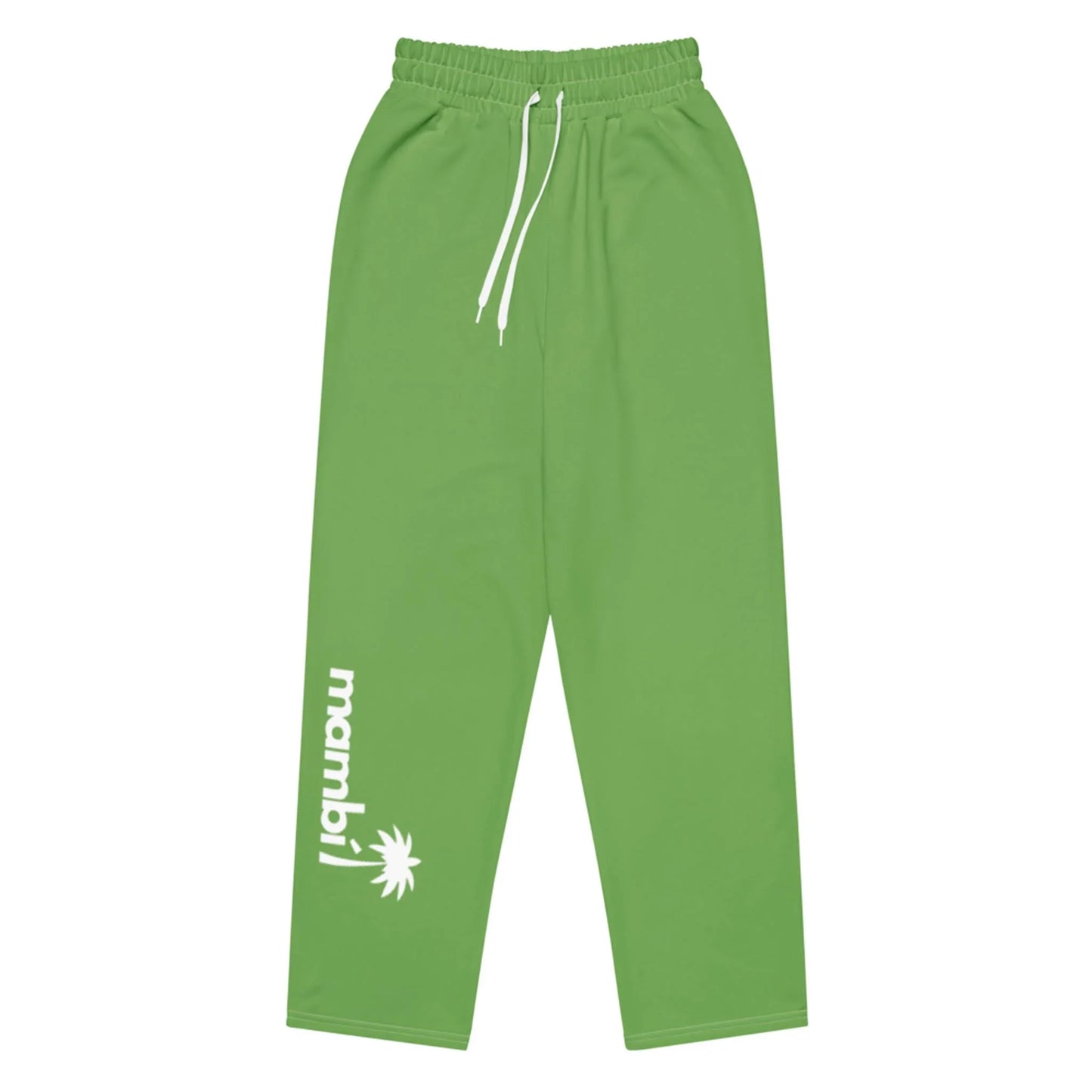 Green sweatpants with an elastic waistband, white drawstrings, and the word Mambí alongside a palm tree graphic printed in white on the lower left leg. The sweatpants are laid flat on a white background.