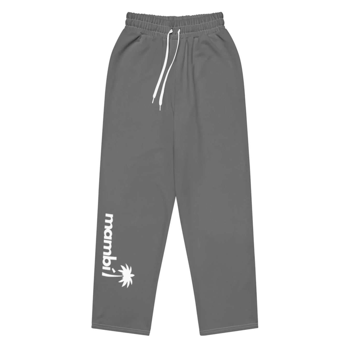 Gray sweatpants with an elastic waistband and white drawstring, featuring the word Mambí and a palm tree graphic printed in white on the lower left pant leg.