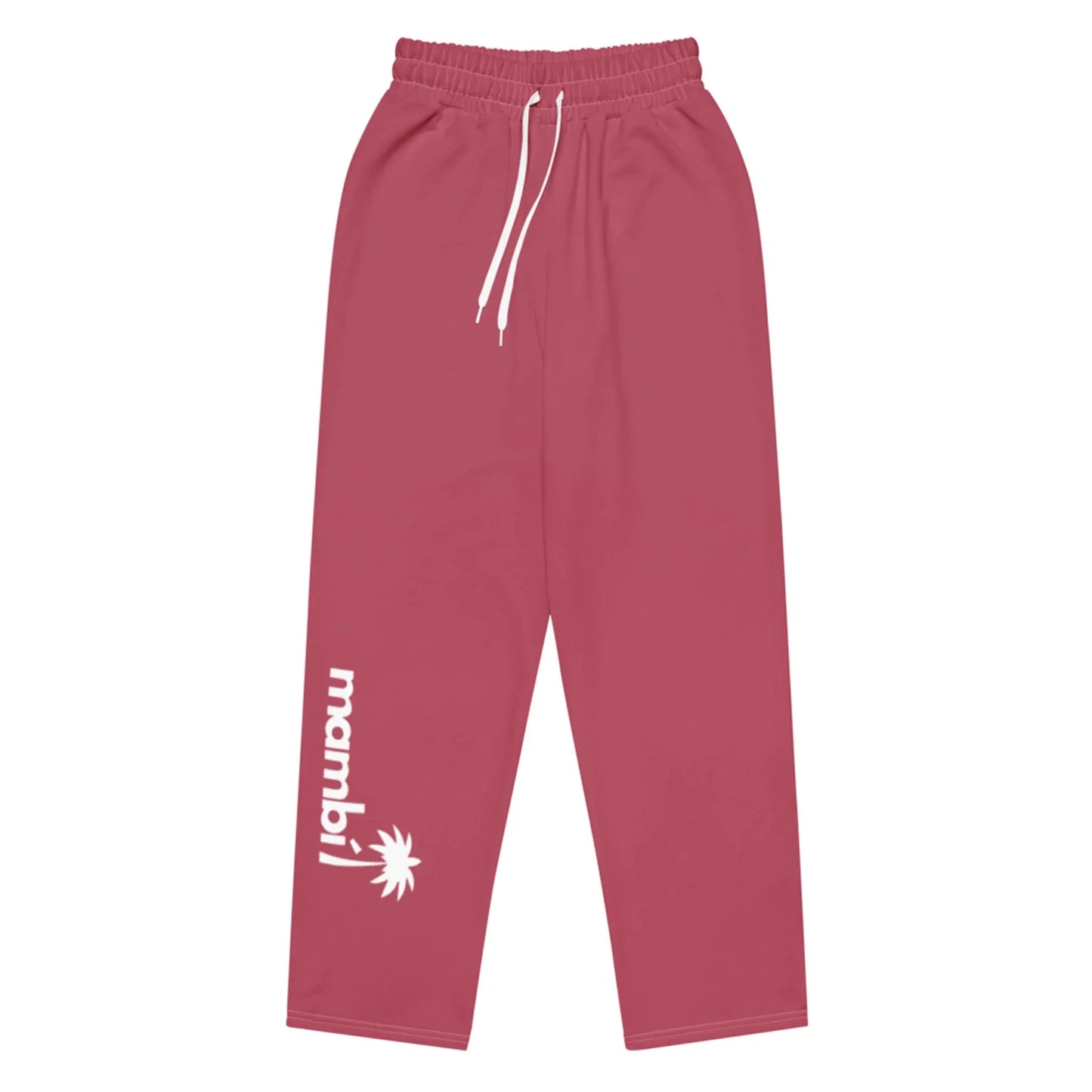 Reddish-pink sweatpants with a white drawstring and elastic waistband. The left leg features a white palm tree graphic and the word Mambí printed vertically near the ankle.