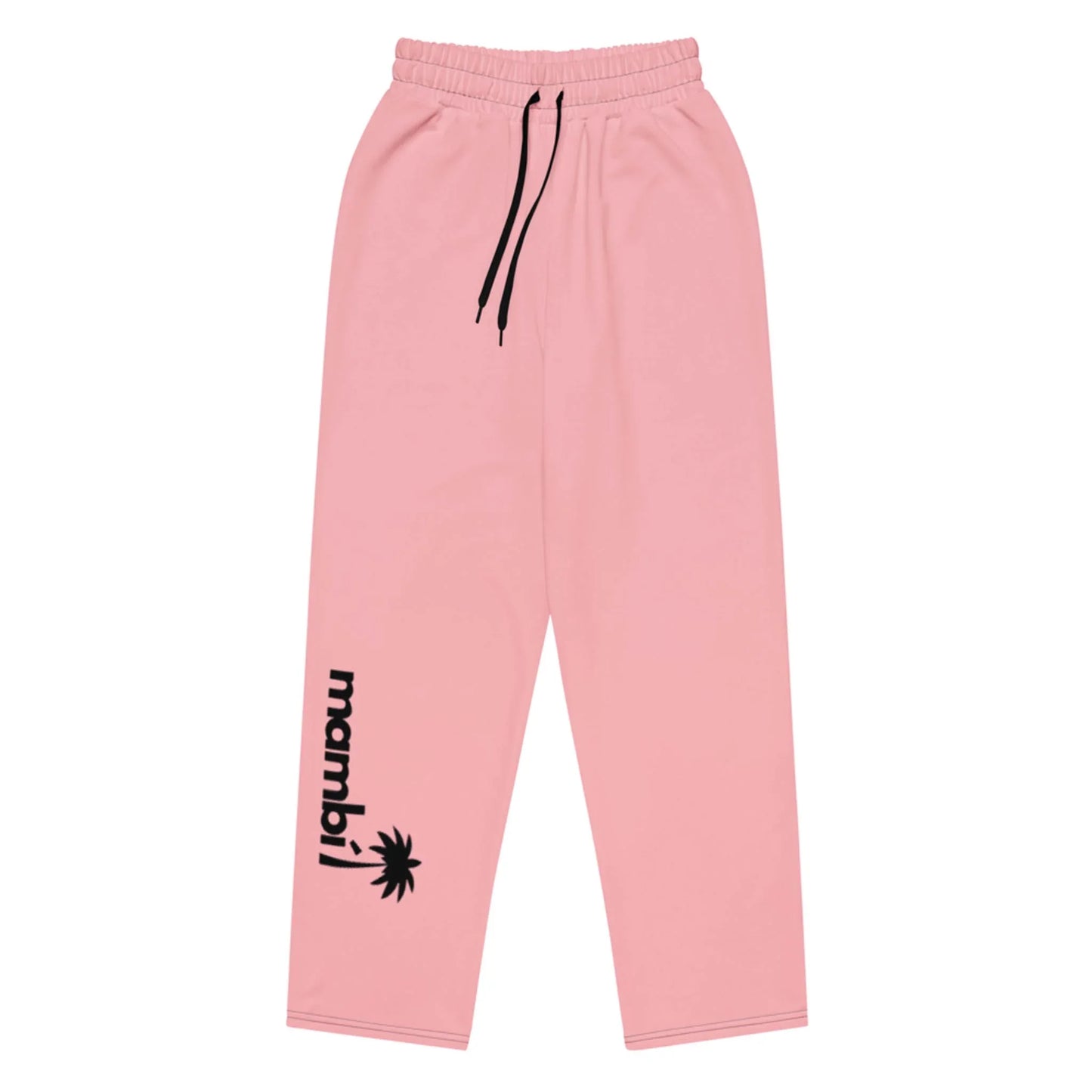 Pink sweatpants with an elastic waistband, black drawstring, and the word Mambí in bold black letters alongside a palm tree graphic printed vertically on the lower left leg.