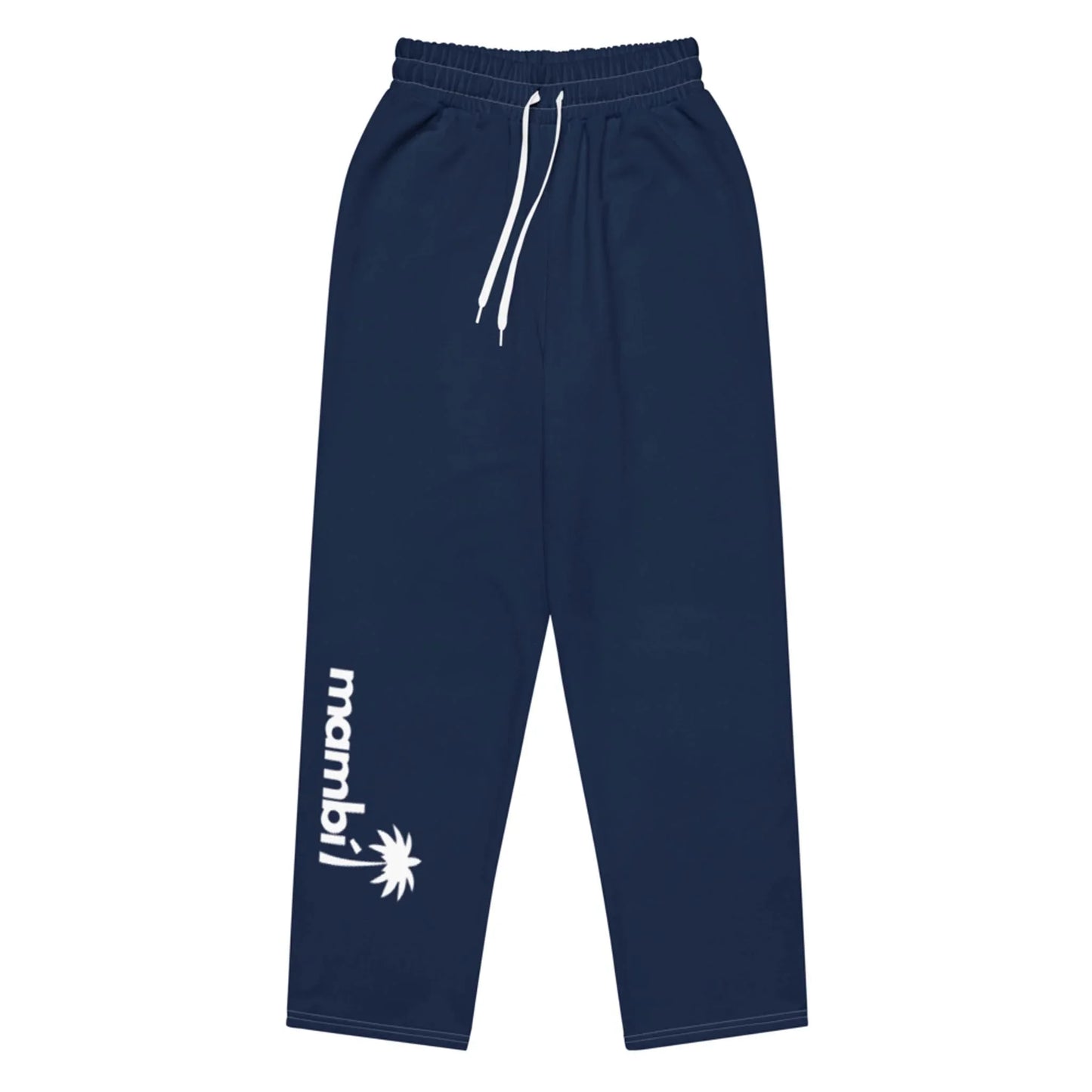 Navy blue sweatpants with an elastic waistband and white drawstring, featuring Mambí text and a small palm tree graphic printed on the left leg near the ankle.