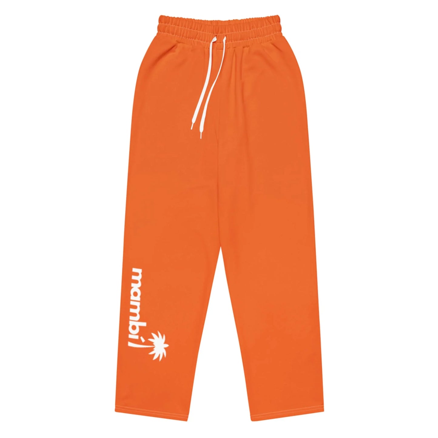 Bright orange sweatpants with a white drawstring and Mambí text next to a palm tree graphic printed in white on the lower left leg. The pants are laid flat on a white background.