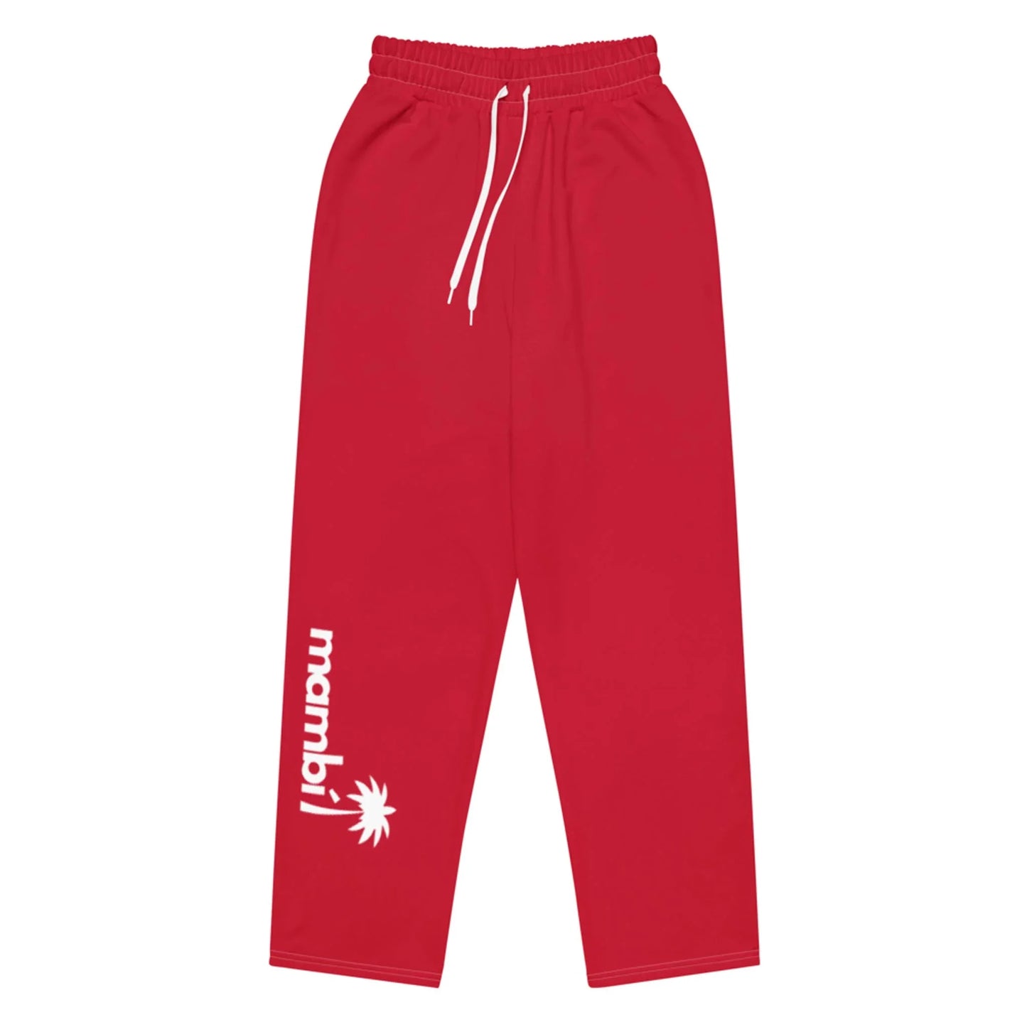 Red sweatpants with an elastic waistband and white drawstrings. The left leg features the word Mambí in white, along with a white palm tree graphic near the ankle.