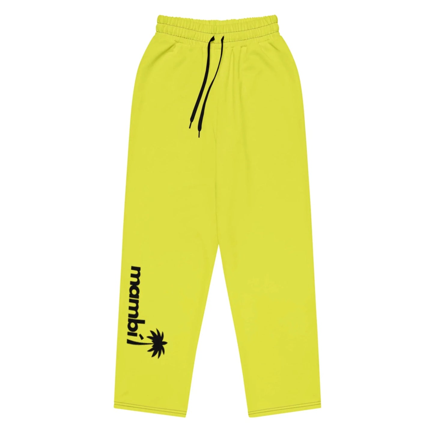 Bright yellow sweatpants with an elastic waistband and black drawstring. Mambí and a palm tree graphic are printed in black on the left leg near the ankle.
