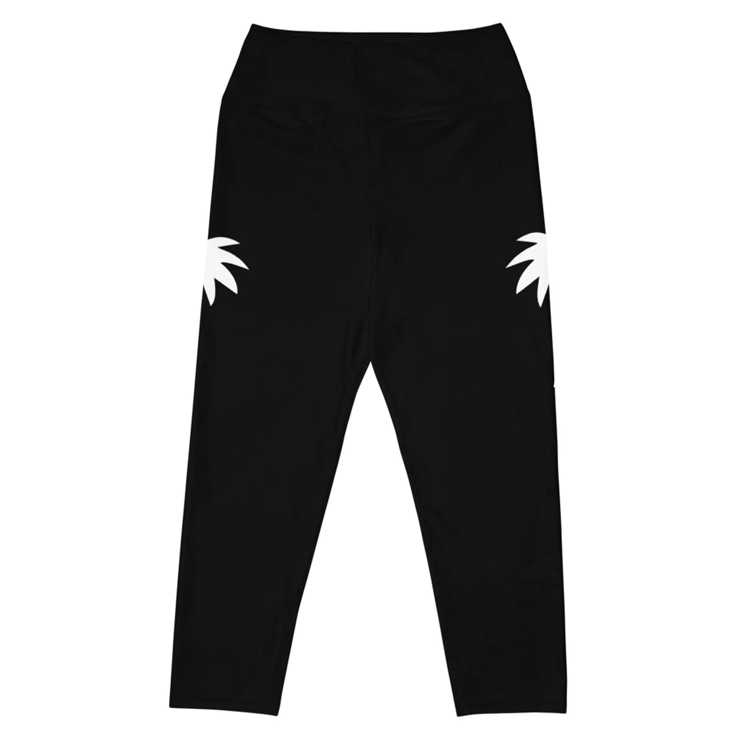 The Aventura High-Rise Yoga Capri Leggings by Printful feature two white palm leaf designs on each hip, crafted from four-way stretch fabric. Displayed on a white background, theyre perfect for any womens activewear collection.