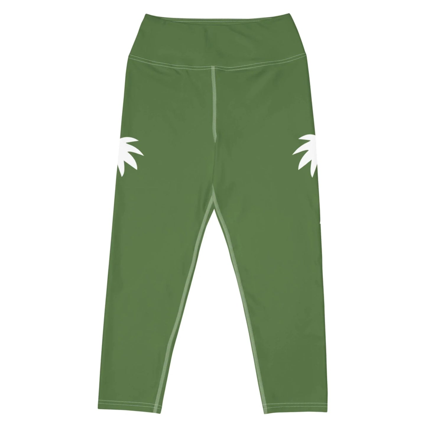 The Aventura High-Rise Yoga Capri Leggings by Printful are green, feature a seamless four-way stretch fabric, two white petal shapes on each outer hip, and offer a smooth fitted look with a wide waistband for comfort.