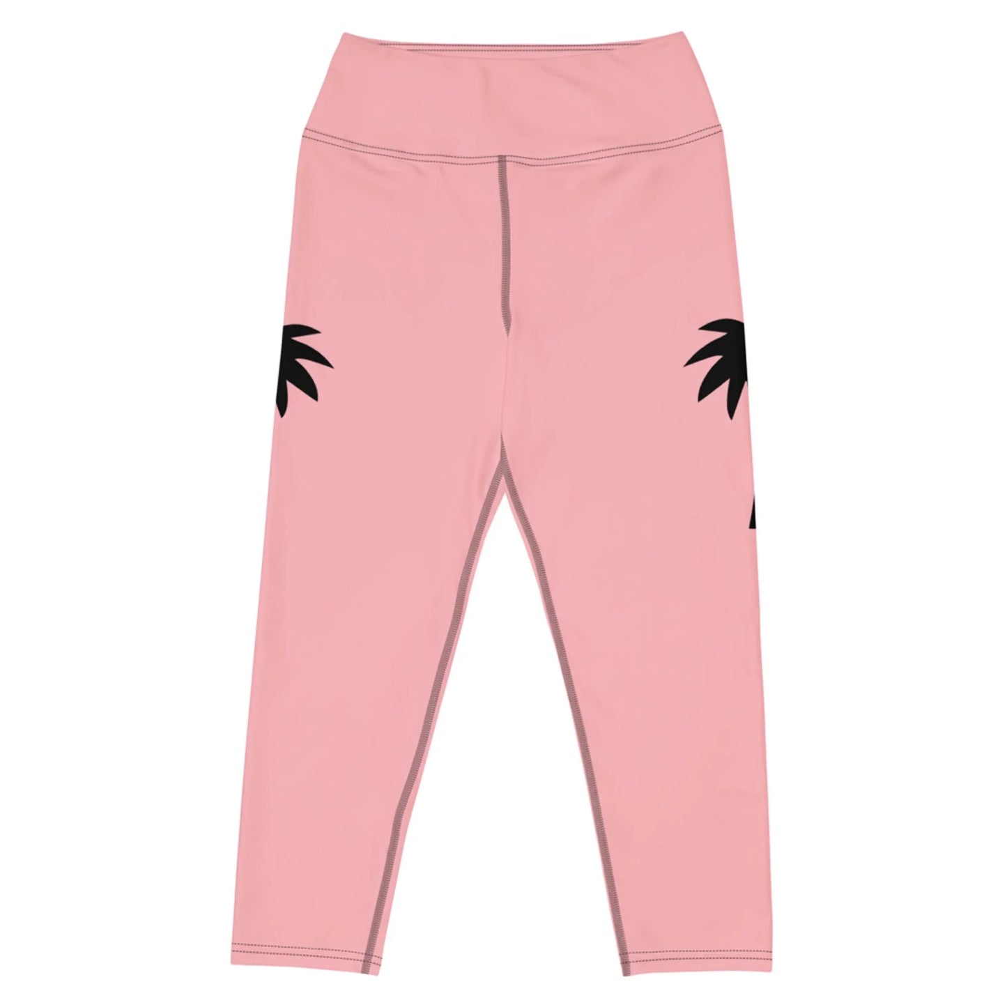 From Printfuls Aventura High-Rise Yoga Capri Leggings for women, these pink capris feature black palm tree silhouettes at the hips, visible seam stitching, and four-way stretch fabric for comfort and flexibility.