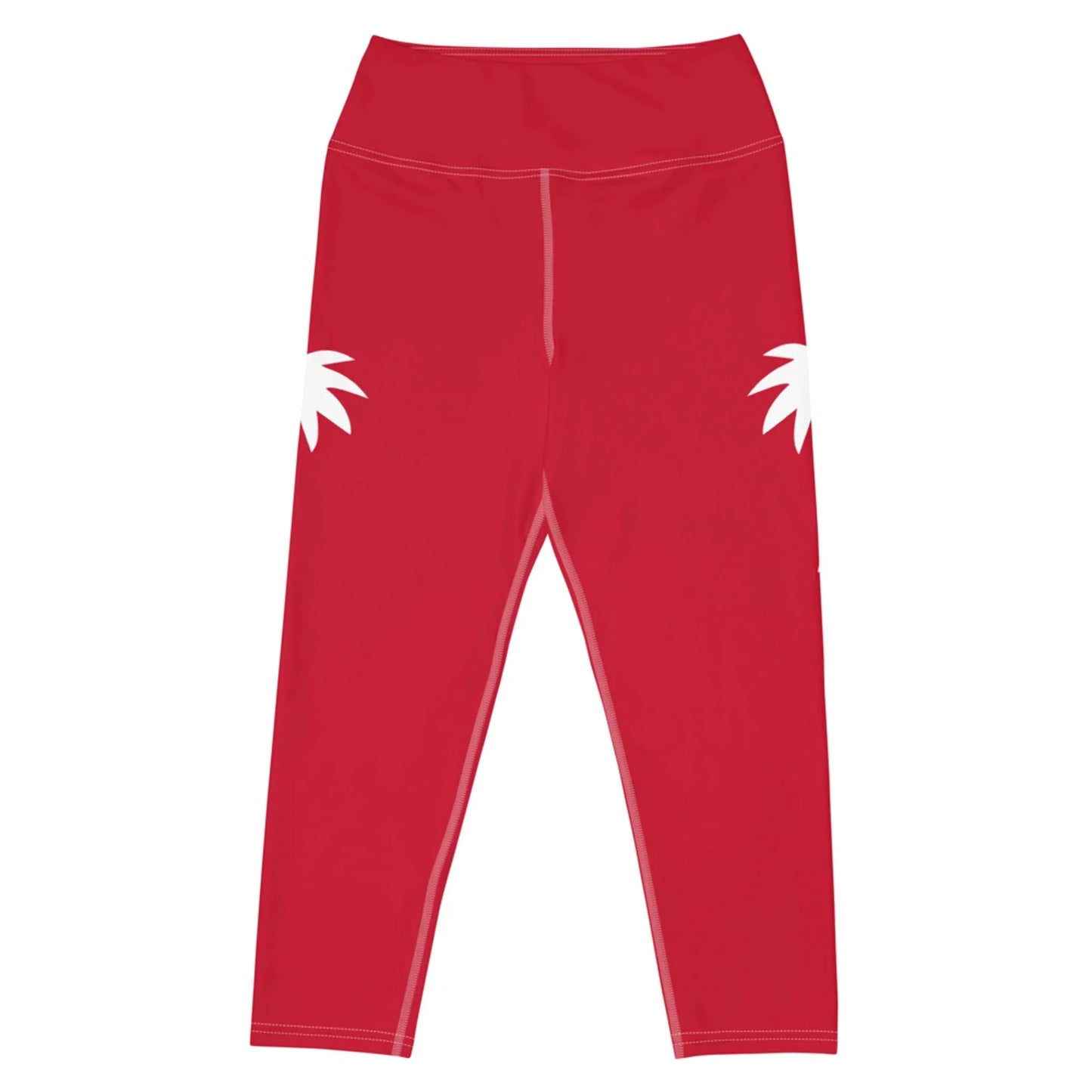 The Aventura High-Rise Yoga Capri Leggings for women by Printful feature a high waistband, red four-way stretch fabric, and two white abstract leaf or feather shapes on the back hips—perfect addition to your activewear collection.