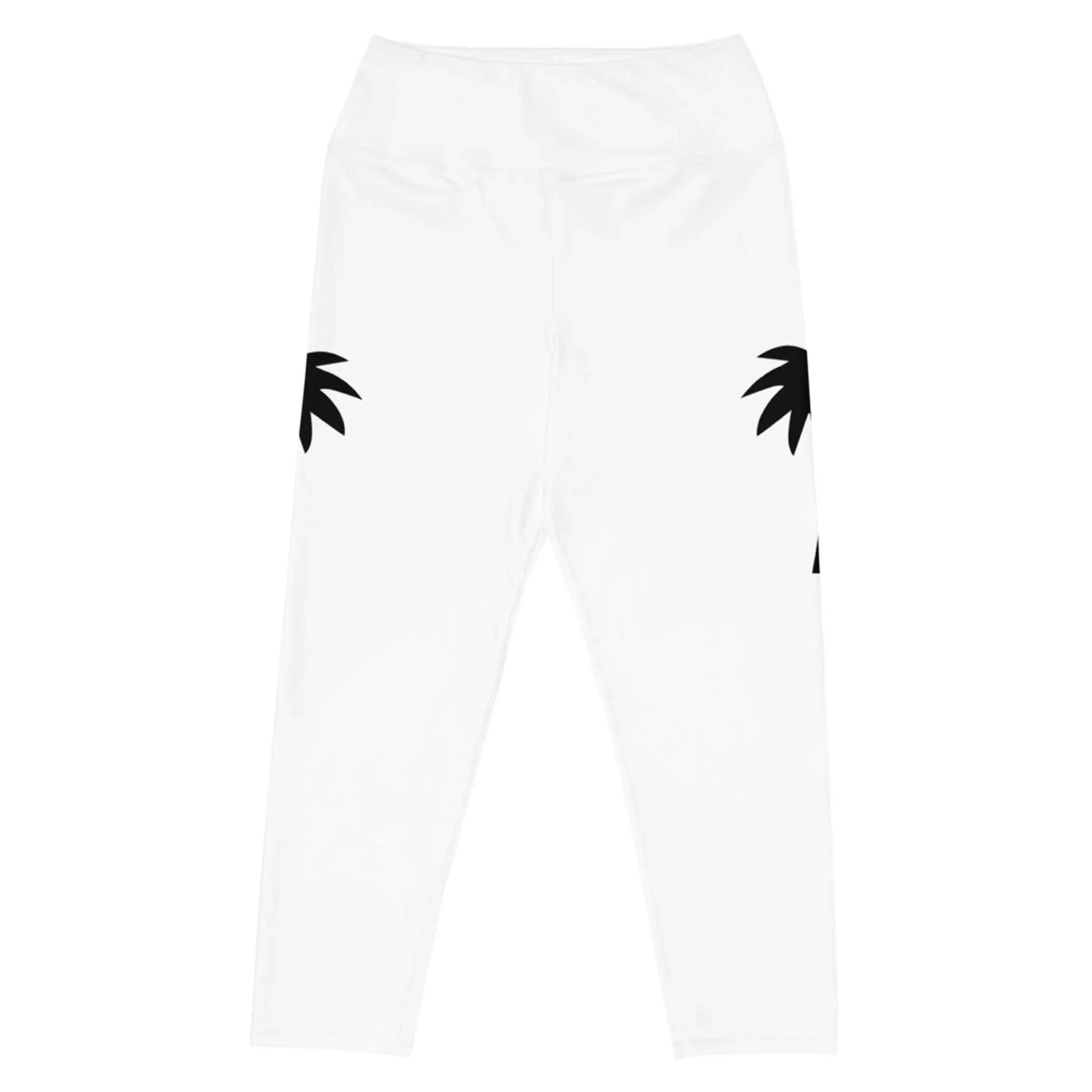 Printful’s “Aventura” High-Rise Yoga Capri Leggings for women feature a white base with black palm leaf prints on the outer thighs and are made from four-way stretch fabric. Shown flat against a white background.