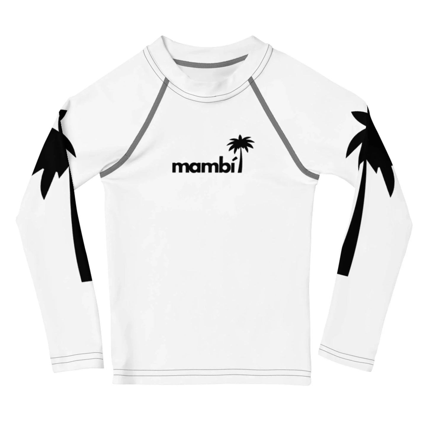 White long-sleeve rash guard featuring black palm tree silhouettes on each sleeve and Mambí with a small palm tree above it on the chest, accented by light gray seams.