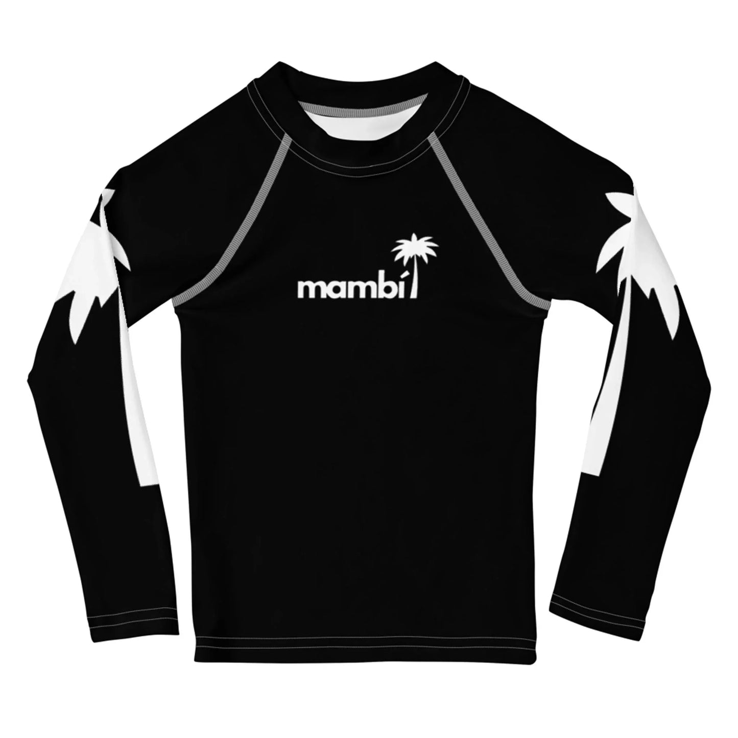 Black long-sleeve rash guard featuring white palm tree graphics on the sleeves and a small “Mambí” palm tree design on the chest. The shirt has gray seams and a crew neckline.