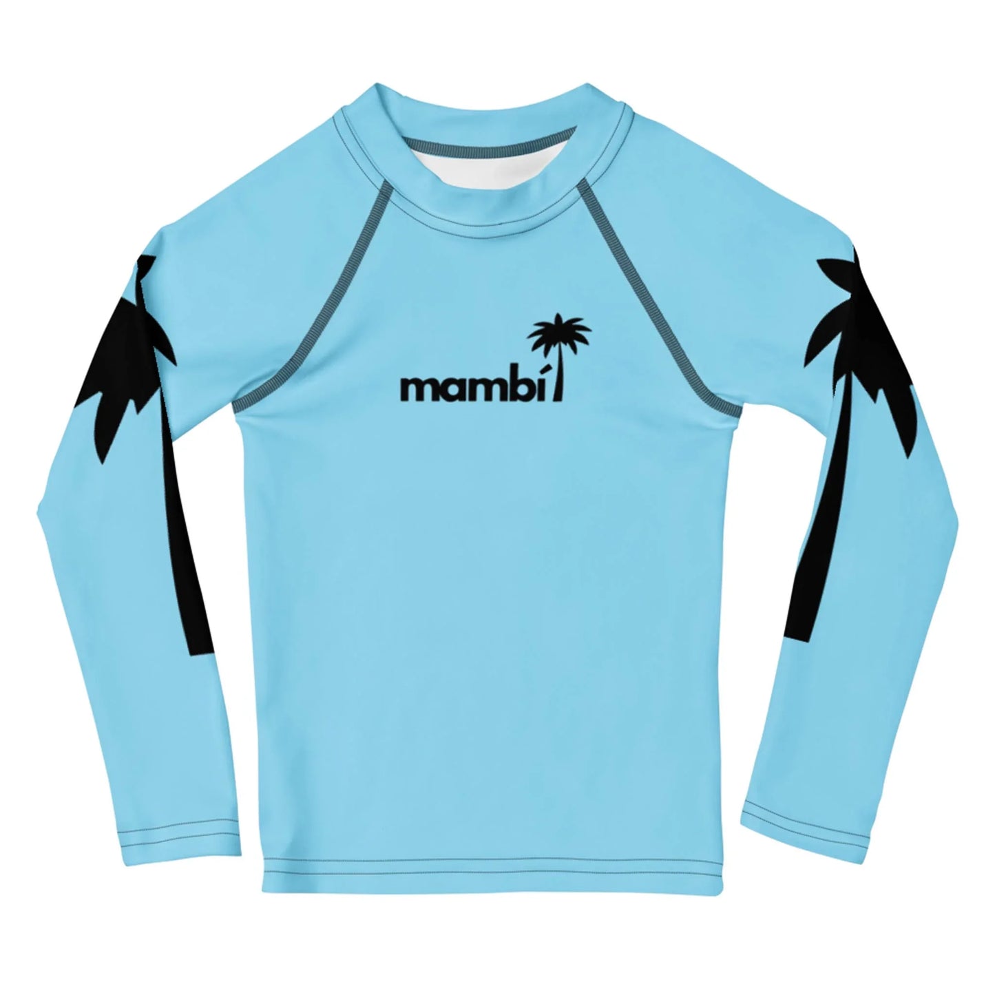 Light blue long-sleeve rash guard featuring black palm tree graphics on the sleeves and Mambí with a small black palm tree printed on the chest.