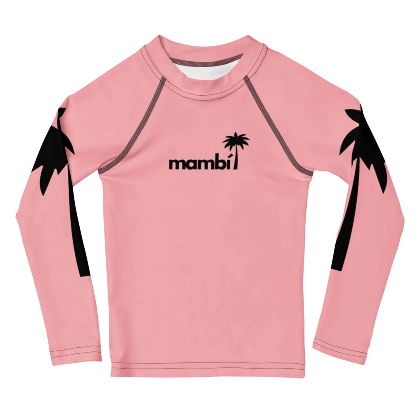 A long-sleeved pink rash guard featuring black palm tree graphics on the sleeves and a small black palm tree with the word Mambí on the chest.
