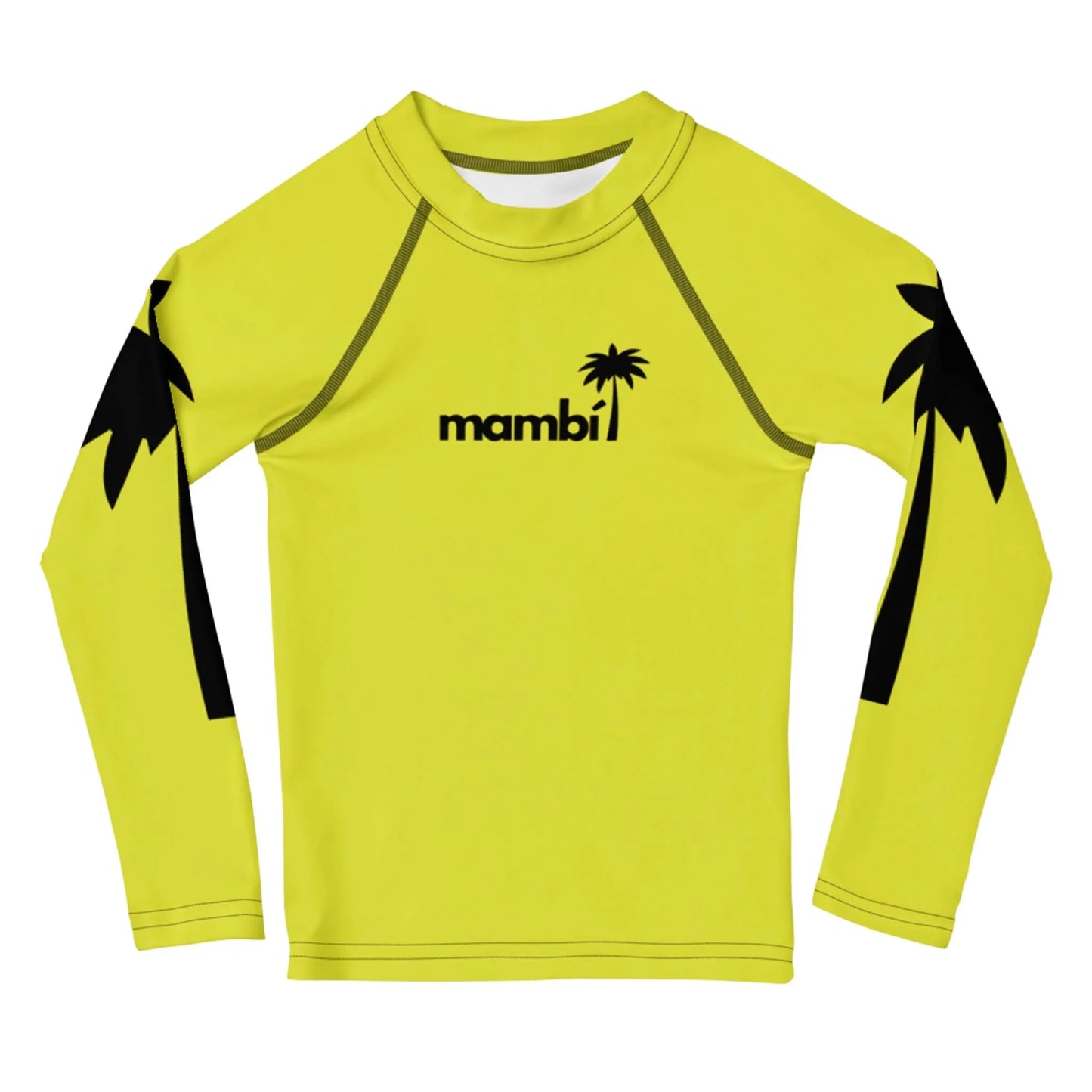 A yellow long-sleeve rash guard featuring black palm tree graphics on the sleeves and “Mambí” with a small palm tree logo on the chest.