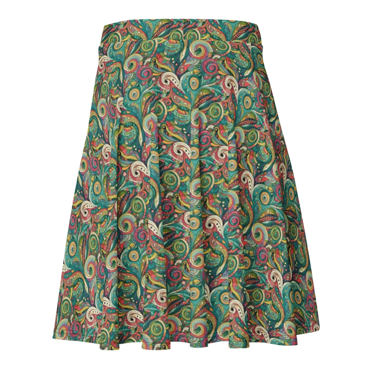 The Barbarita Skater Skirt by Printful is knee-length, features a flared silhouette and elastic waistband, and showcases a vibrant paisley print in green, yellow, red, and blue against a white background.