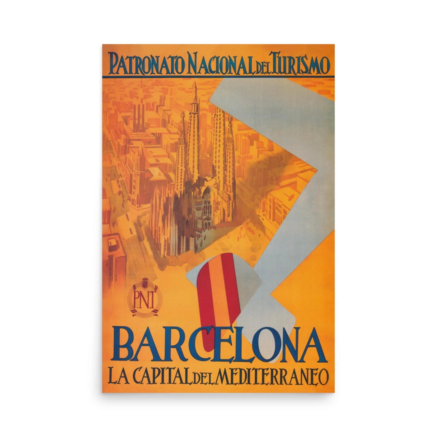 The Barcelona Reprinted Vintage Poster by Printful features warm orange tones, an aerial view of the Sagrada Familia, bold text, and iconic Spanish style. Printed on premium luster paper (24x36”), it’s ideal for sophisticated decor.