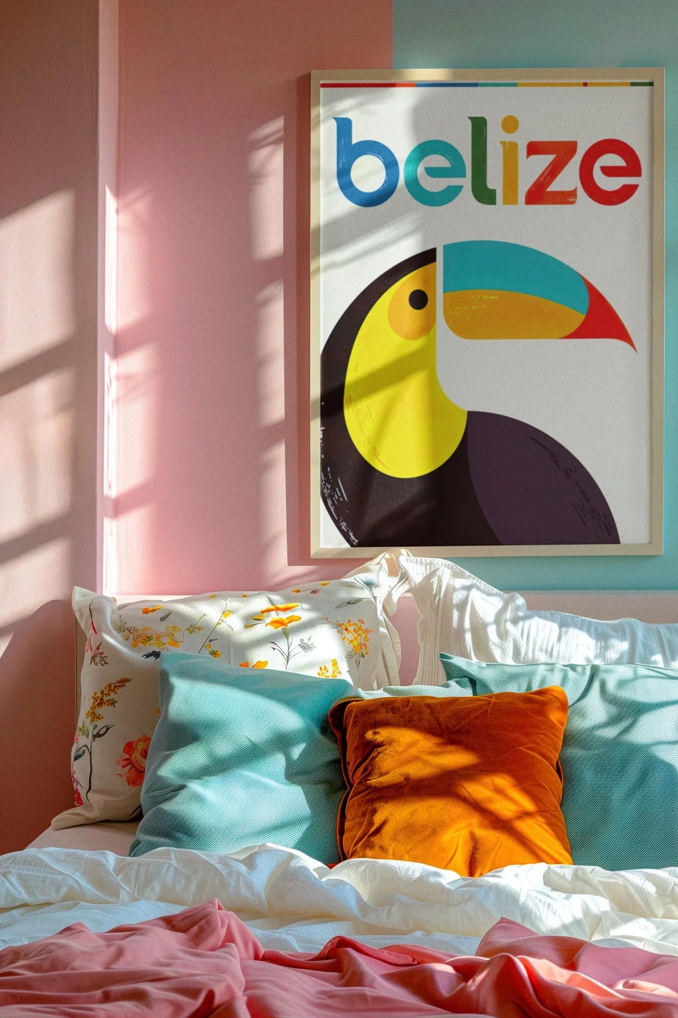 A cozy bed with colorful pillows and a floral pillowcase sits against a pink wall. Above the bed is a framed Mambí poster of a toucan and the word belize in bright colors. Sunlight streams in, casting shadows on the wall.