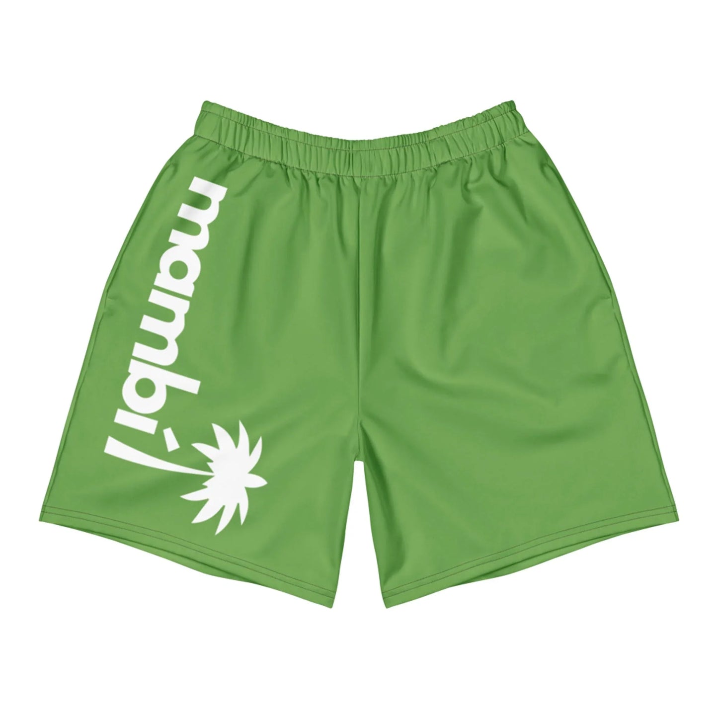 Experience comfort and performance in Printful’s Belmar Long Athletic Shorts—unisex, green, with an elastic waistband, mambi text, and a white sunburst graphic—ideal for running or any active pursuit.