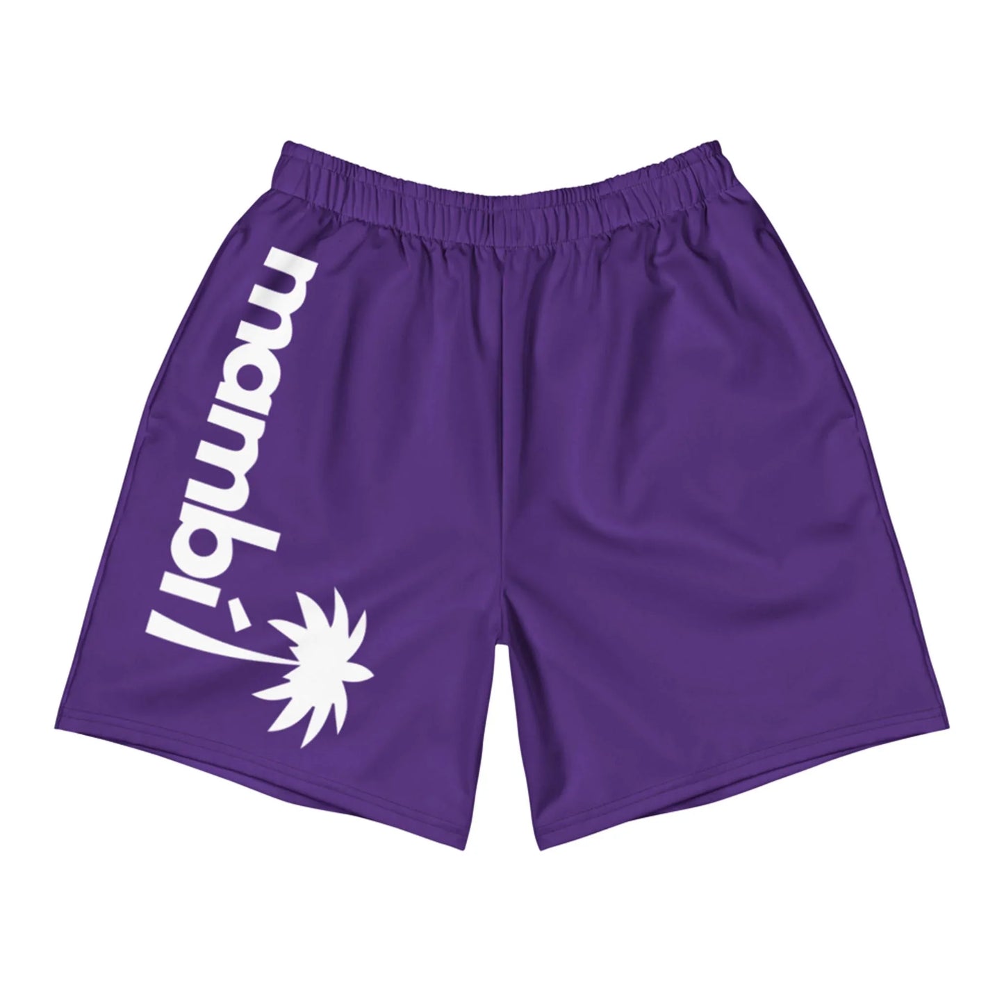 Printful Belmar Long Athletic Shorts | Unisex in purple, designed for running with an elastic waistband, white mambi text on the left leg, and a white palm tree graphic near the hem for comfort and performance.