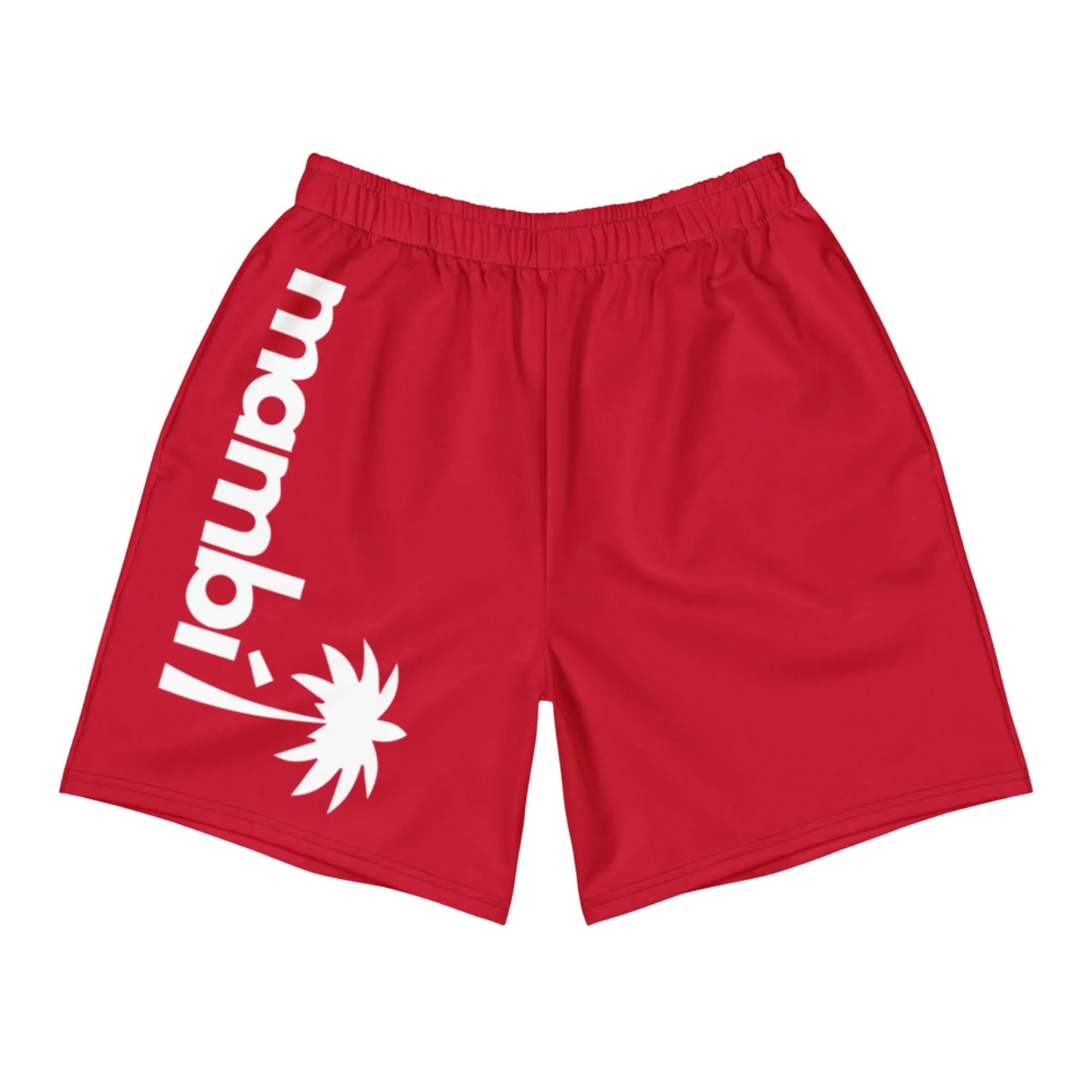 Experience comfort and performance in the Printful Belmar Long Athletic Shorts | Unisex. These red shorts have an elastic waistband, mambí in bold white on the left leg, and a striking white starburst graphic.