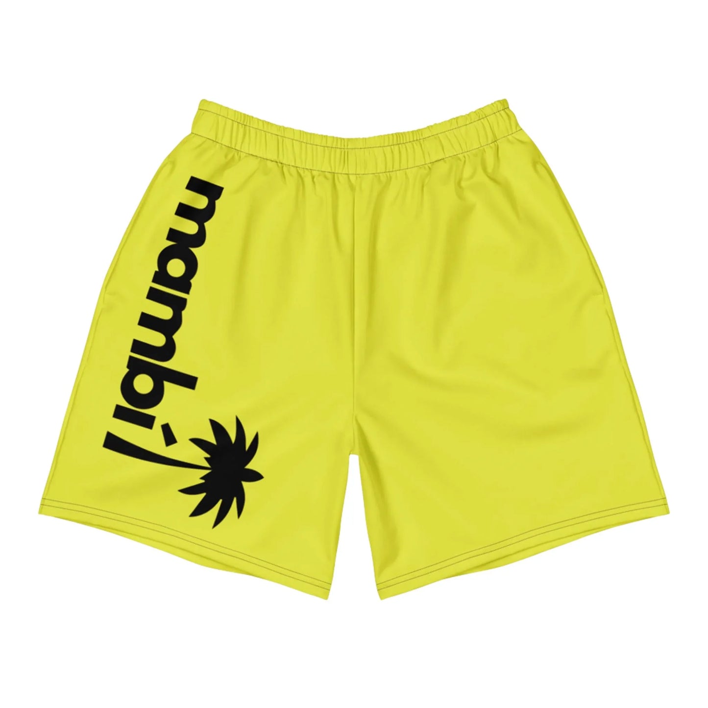 The Belmar Long Athletic Shorts by Printful are bright yellow with mambi in bold black letters and a black palm tree graphic on the left leg. With an elastic waistband and relaxed fit, theyre perfect for running and built for comfort and performance.