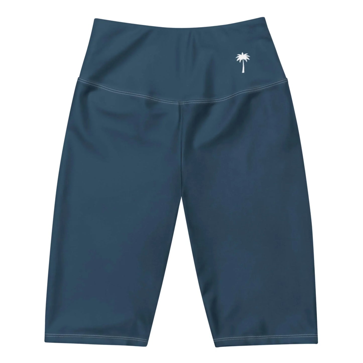 Blue high-waisted knee-length athletic shorts featuring a small white palm tree logo on the left hip and a subtle Mambí touch, displayed on a plain white background.