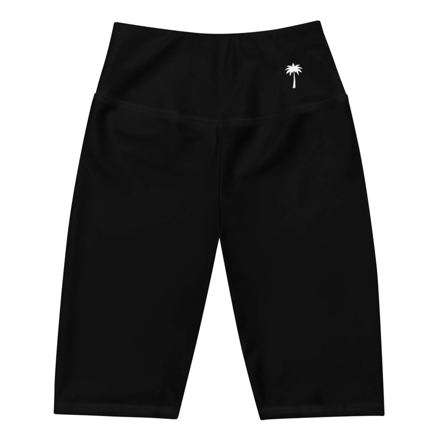 Black high-waisted Mambí athletic shorts with a small white palm tree logo on the left hip, laid flat on a white background.