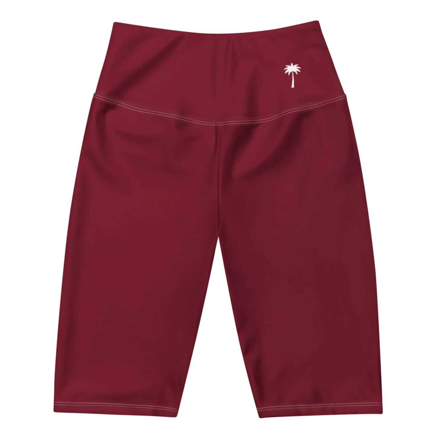 High-waisted, maroon-colored Mambí athletic shorts with white stitching and a small white palm tree logo on the left hip, displayed on a white background.